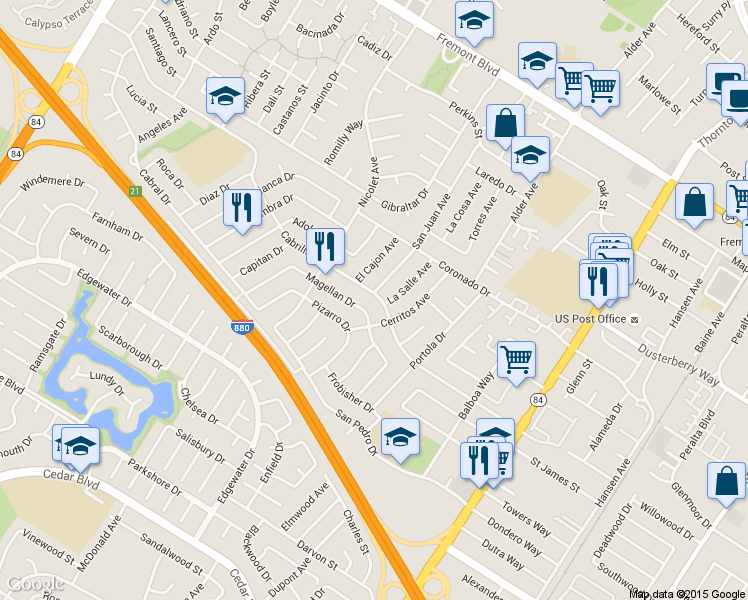 map of restaurants, bars, coffee shops, grocery stores, and more near 36223 Cabrillo Drive in Fremont
