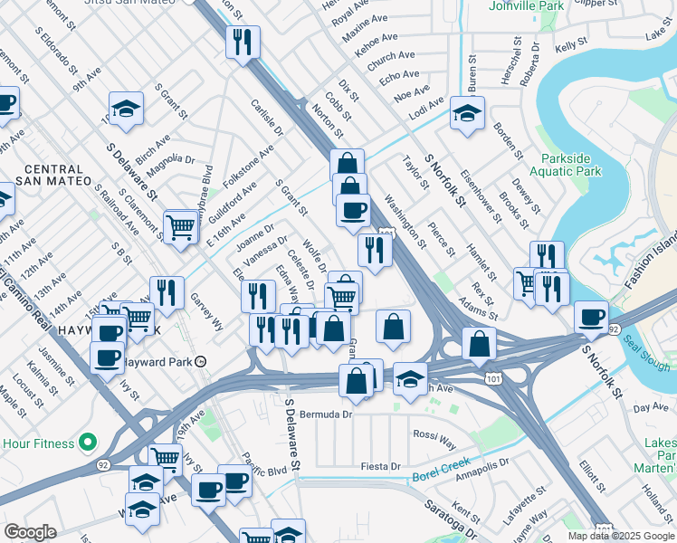map of restaurants, bars, coffee shops, grocery stores, and more near 1730 South Amphlett Boulevard in San Mateo