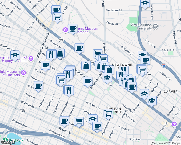 map of restaurants, bars, coffee shops, grocery stores, and more near 2042 West Grace Street in Richmond