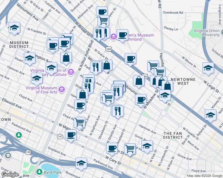 map of restaurants, bars, coffee shops, grocery stores, and more near 2400 Park Avenue in Richmond
