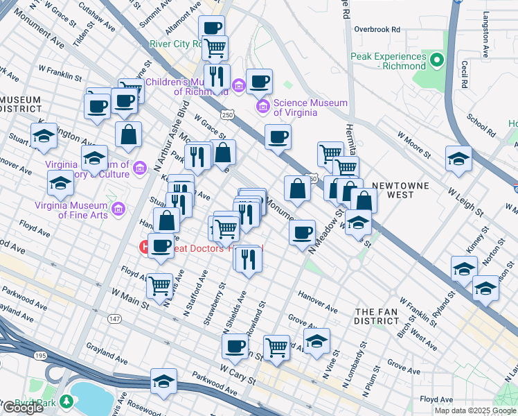 map of restaurants, bars, coffee shops, grocery stores, and more near 503 Strawberry Street in Richmond