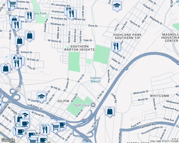 map of restaurants, bars, coffee shops, grocery stores, and more near 1613 Monteiro Street in Richmond