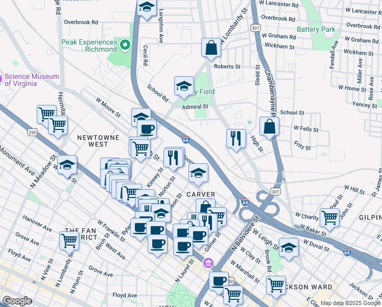 map of restaurants, bars, coffee shops, grocery stores, and more near 1200 West Moore Street in Richmond