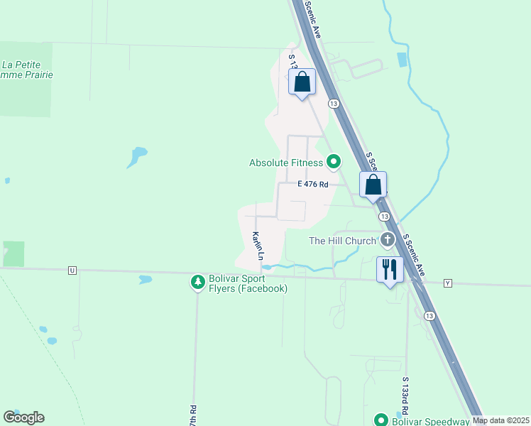 map of restaurants, bars, coffee shops, grocery stores, and more near 1293 East 478th Road in Bolivar