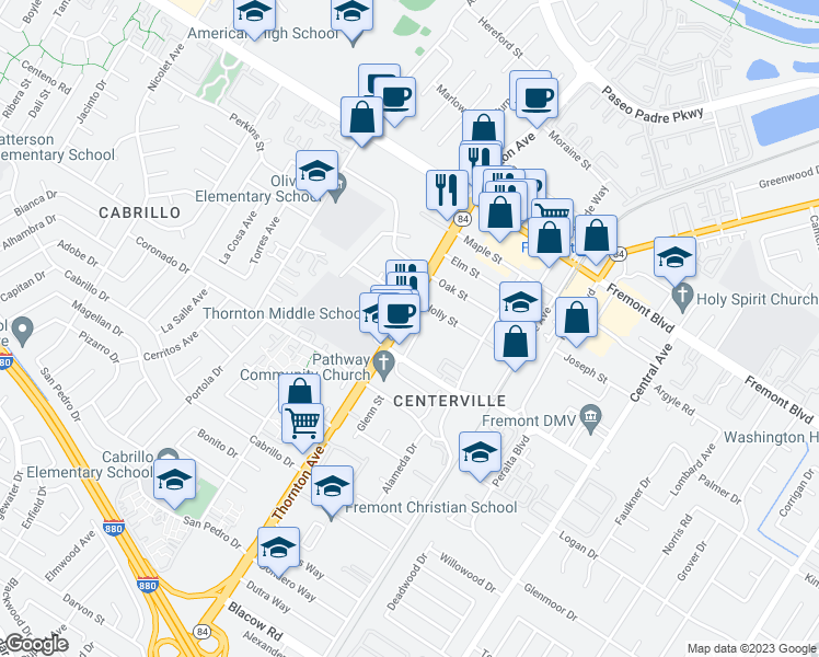 map of restaurants, bars, coffee shops, grocery stores, and more near 4342 Thornton Avenue in Fremont