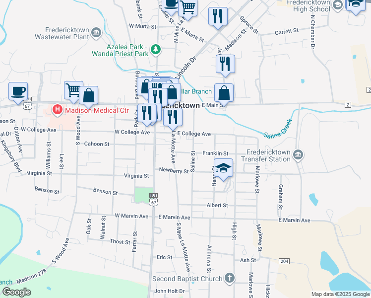 map of restaurants, bars, coffee shops, grocery stores, and more near 210 Franklin Street in Fredericktown