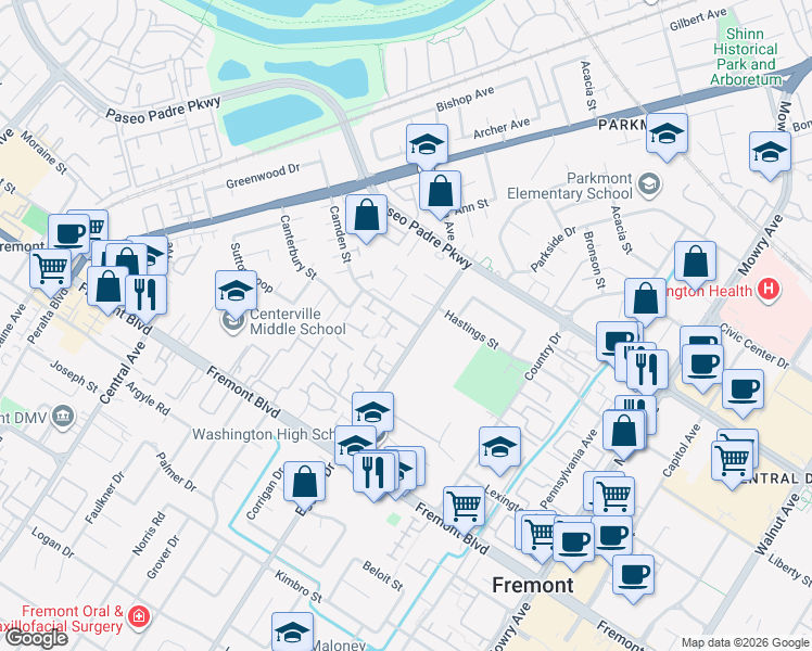 map of restaurants, bars, coffee shops, grocery stores, and more near 38184 Camden Street in Fremont