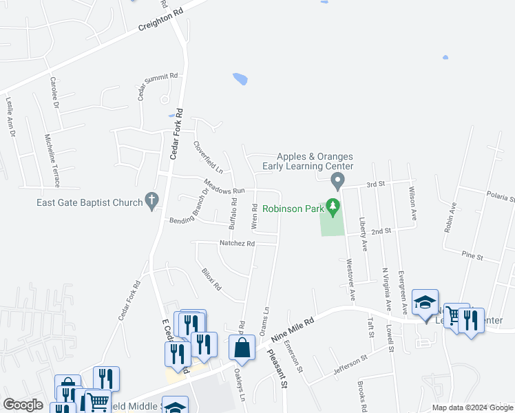 map of restaurants, bars, coffee shops, grocery stores, and more near 209 Wren Road in Richmond