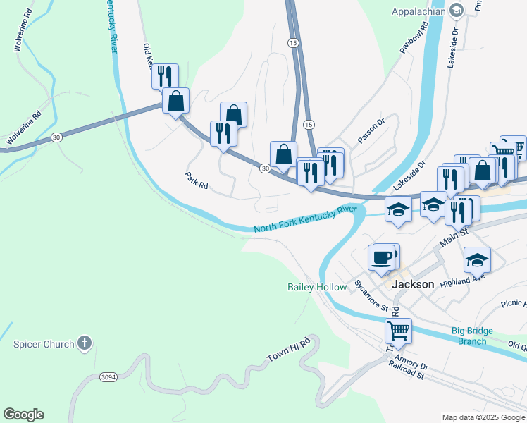 map of restaurants, bars, coffee shops, grocery stores, and more near 21 Slones Trail Park Road in Jackson