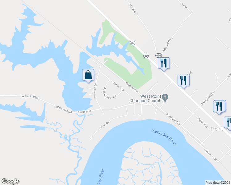 map of restaurants, bars, coffee shops, grocery stores, and more near 3950 Camellia Drive in West Point