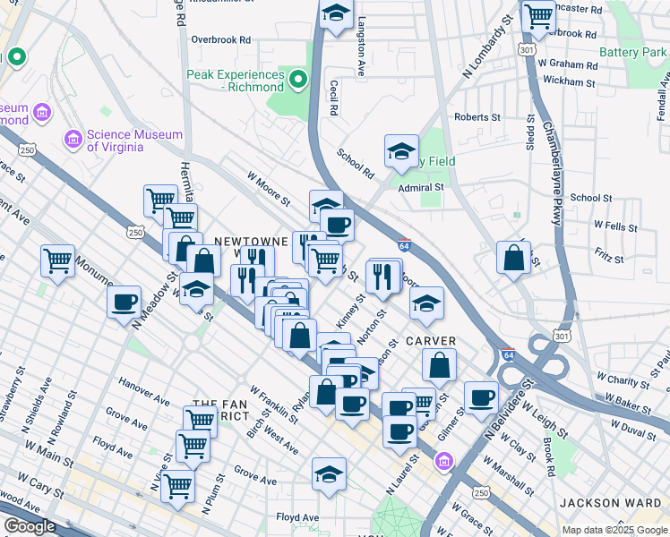 map of restaurants, bars, coffee shops, grocery stores, and more near 1513 West Leigh Street in Richmond