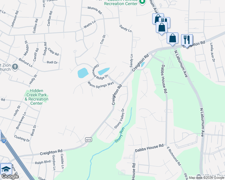 map of restaurants, bars, coffee shops, grocery stores, and more near 912 Poplar Way Court in Richmond