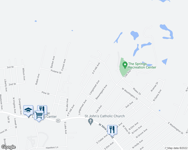map of restaurants, bars, coffee shops, grocery stores, and more near 119 A P Hill Avenue in Highland Springs