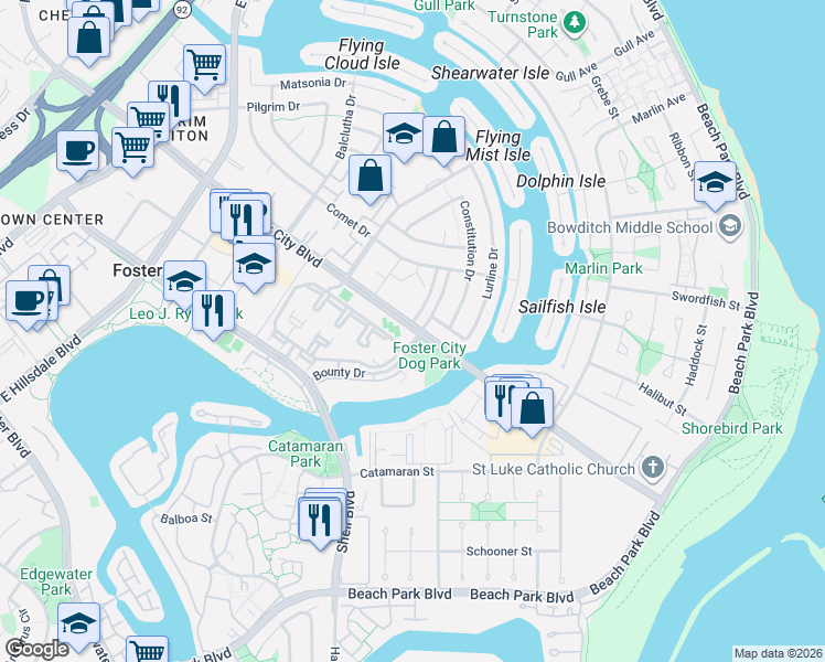 map of restaurants, bars, coffee shops, grocery stores, and more near 1103 Bounty Drive in Foster City
