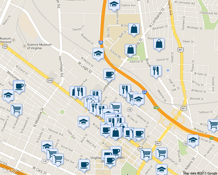 map of restaurants, bars, coffee shops, grocery stores, and more near 1513 West Leigh Street in Richmond