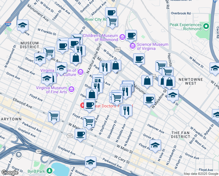 map of restaurants, bars, coffee shops, grocery stores, and more near 2501 Kensington Avenue in Richmond