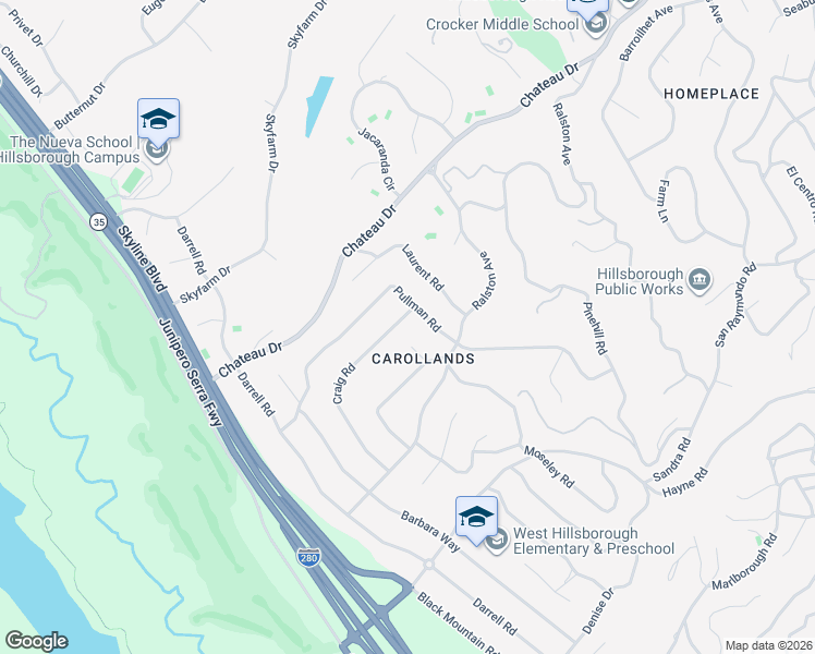 map of restaurants, bars, coffee shops, grocery stores, and more near 585 Craig Road in Hillsborough