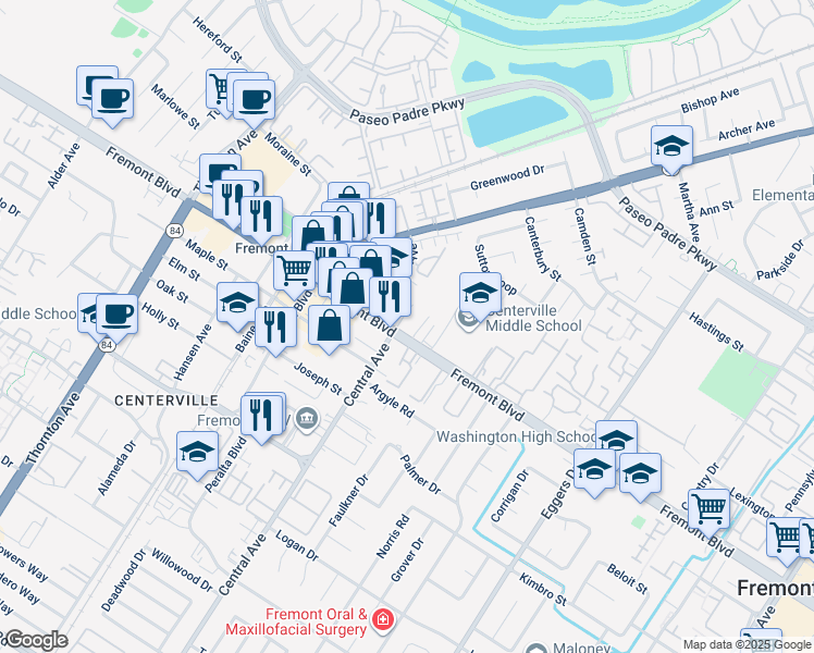 map of restaurants, bars, coffee shops, grocery stores, and more near in Fremont