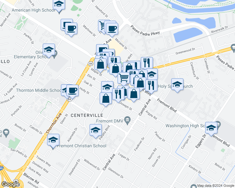 map of restaurants, bars, coffee shops, grocery stores, and more near 37321 Hatchling Terrace in Fremont