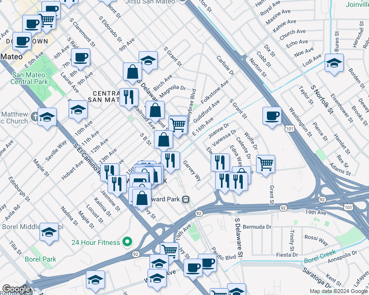 map of restaurants, bars, coffee shops, grocery stores, and more near 1519 South Claremont Street in San Mateo