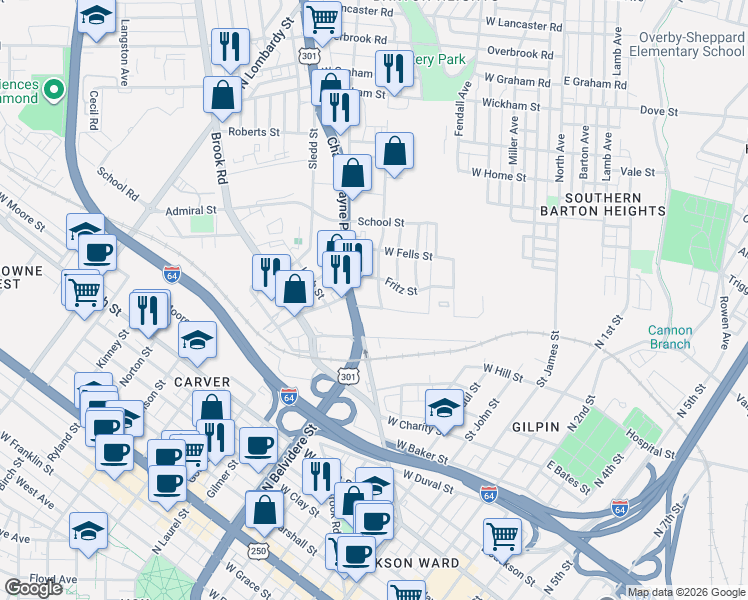 map of restaurants, bars, coffee shops, grocery stores, and more near 1509 Chamberlayne Avenue in Richmond