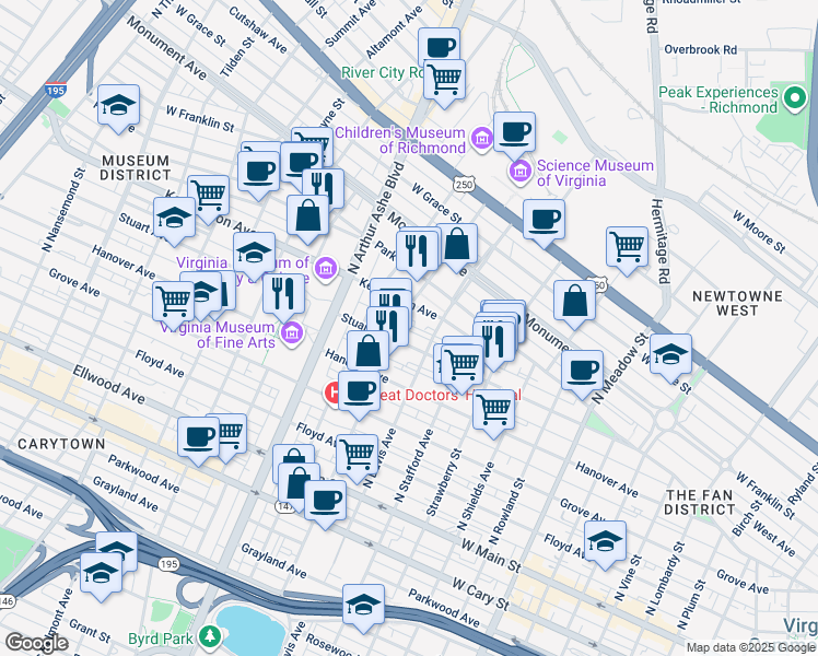 map of restaurants, bars, coffee shops, grocery stores, and more near 408 North Robinson Street in Richmond