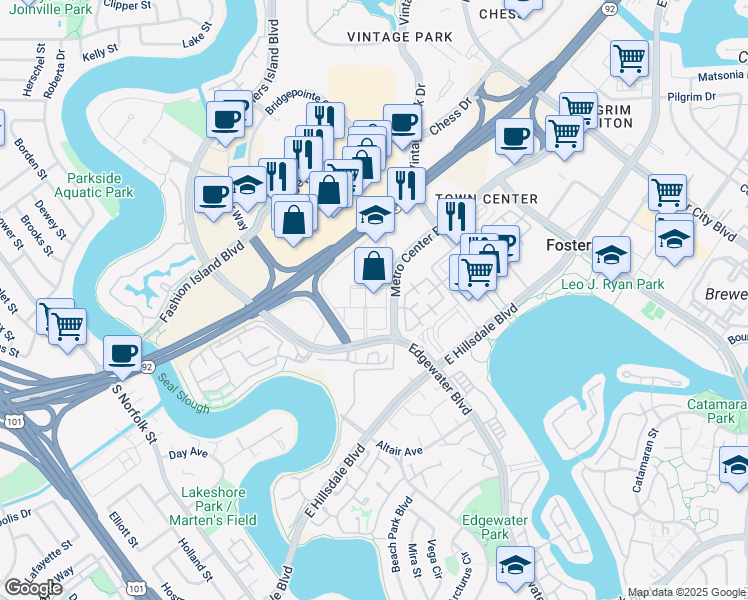 map of restaurants, bars, coffee shops, grocery stores, and more near 1850 Gateway Drive in San Mateo