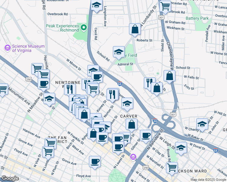 map of restaurants, bars, coffee shops, grocery stores, and more near Moore St & Kinney St in Richmond