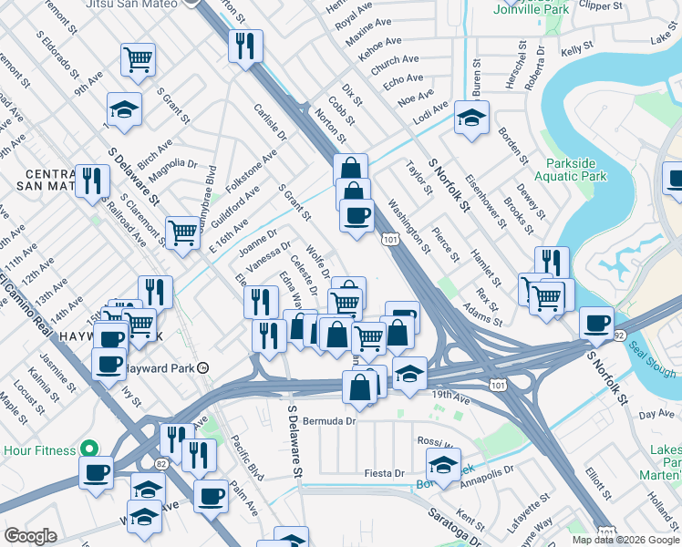 map of restaurants, bars, coffee shops, grocery stores, and more near 1726 South Grant Street in San Mateo