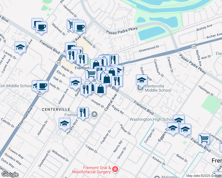 map of restaurants, bars, coffee shops, grocery stores, and more near 37519 Fremont Boulevard in Fremont