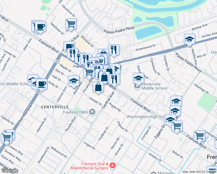 map of restaurants, bars, coffee shops, grocery stores, and more near 37519 Fremont Boulevard in Fremont