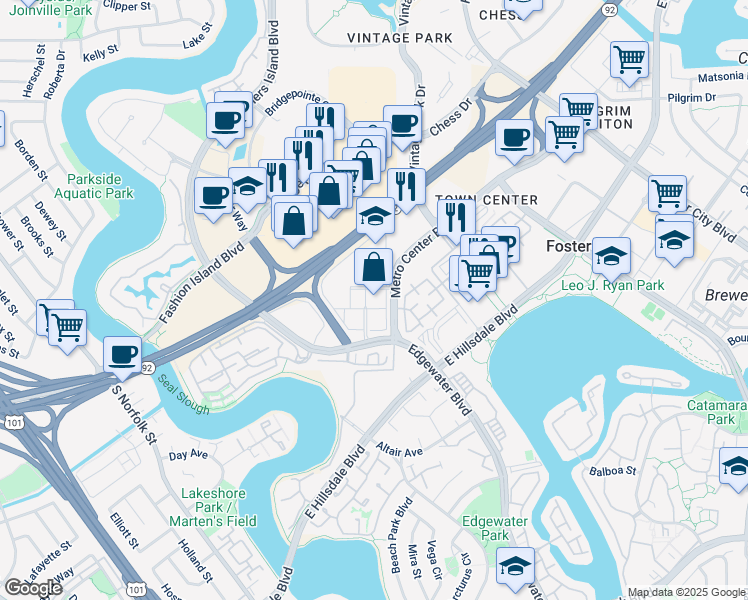 map of restaurants, bars, coffee shops, grocery stores, and more near 1850 Gateway Dr in San Mateo