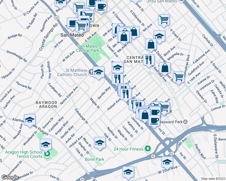 map of restaurants, bars, coffee shops, grocery stores, and more near 6 Avila Road in San Mateo