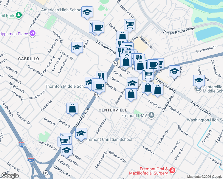 map of restaurants, bars, coffee shops, grocery stores, and more near 37107 Holly Street in Fremont