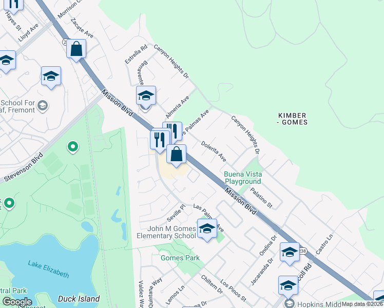 map of restaurants, bars, coffee shops, grocery stores, and more near 41 Dolerita Court in Fremont