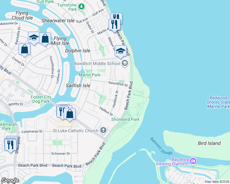 map of restaurants, bars, coffee shops, grocery stores, and more near 950 Haddock Street in Foster City