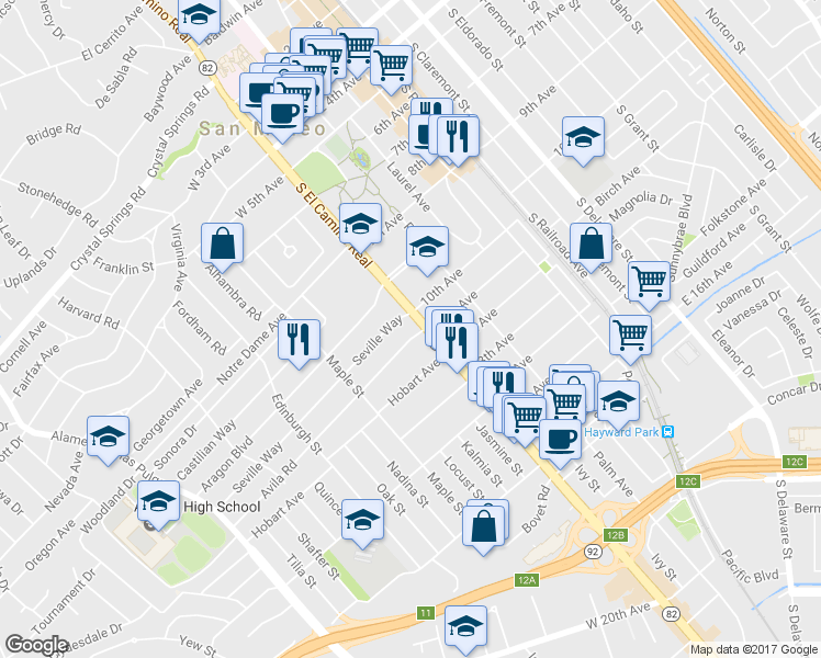 map of restaurants, bars, coffee shops, grocery stores, and more near 6 Avila Road in San Mateo