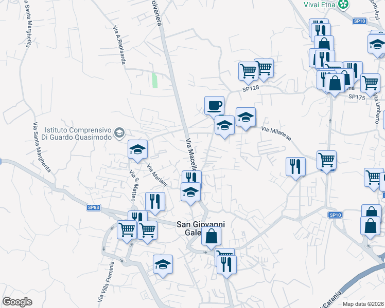 map of restaurants, bars, coffee shops, grocery stores, and more near 44 Via Macello in Catania