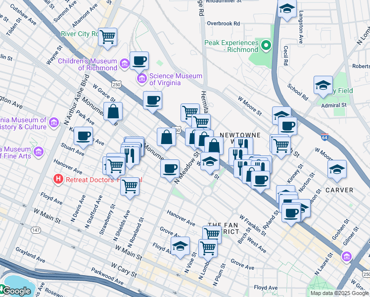 map of restaurants, bars, coffee shops, grocery stores, and more near 2022 West Grace Street in Richmond