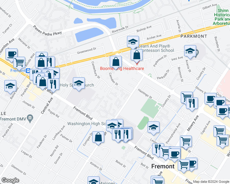 map of restaurants, bars, coffee shops, grocery stores, and more near 38042 Dundee Common in Fremont