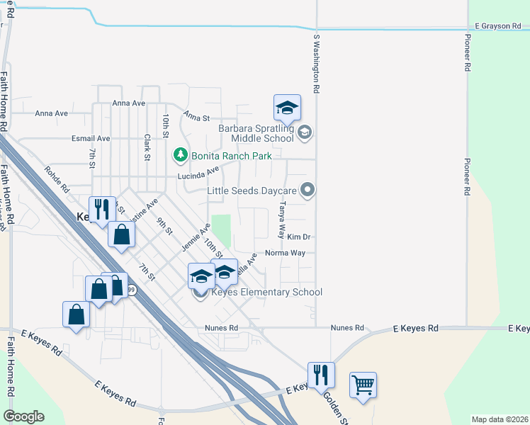 map of restaurants, bars, coffee shops, grocery stores, and more near 5509 Tanya Way in Keyes