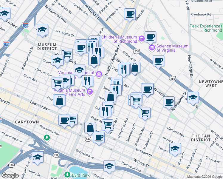 map of restaurants, bars, coffee shops, grocery stores, and more near 2700 Stuart Avenue in Richmond