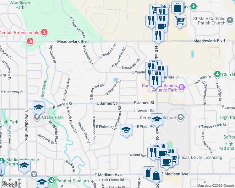 map of restaurants, bars, coffee shops, grocery stores, and more near North Ridgecrest Road in Derby