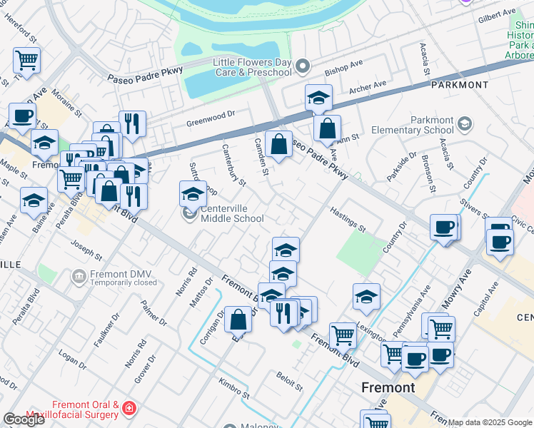 map of restaurants, bars, coffee shops, grocery stores, and more near 38030 Dundee Common in Fremont