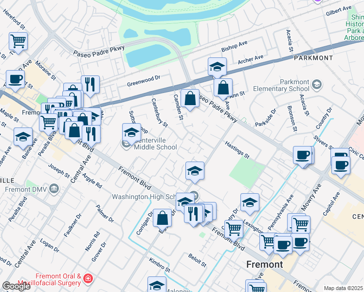 map of restaurants, bars, coffee shops, grocery stores, and more near 38030 Dundee Common in Fremont