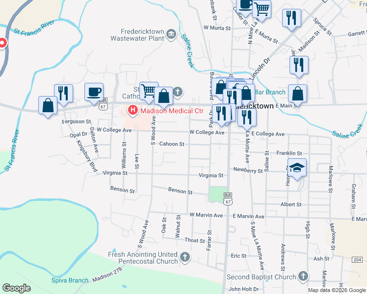 map of restaurants, bars, coffee shops, grocery stores, and more near 301 Cahoon Street in Fredericktown