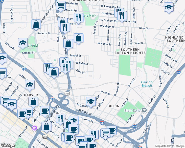 map of restaurants, bars, coffee shops, grocery stores, and more near 1518 Fendall Avenue in Richmond