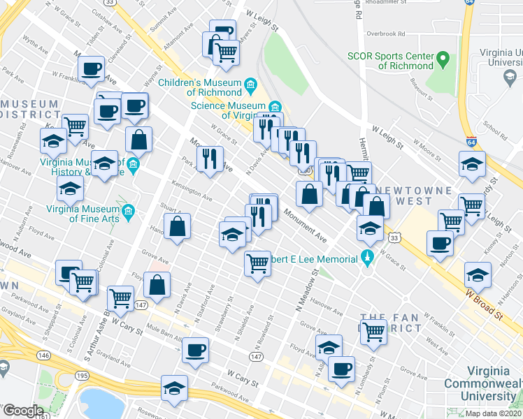 map of restaurants, bars, coffee shops, grocery stores, and more near 2301 Monument Avenue in Richmond