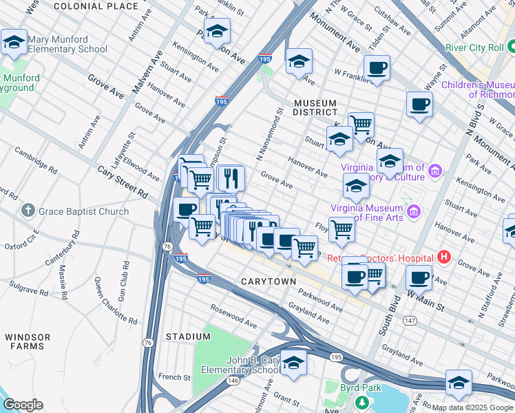 map of restaurants, bars, coffee shops, grocery stores, and more near 3401 Floyd Avenue in Richmond