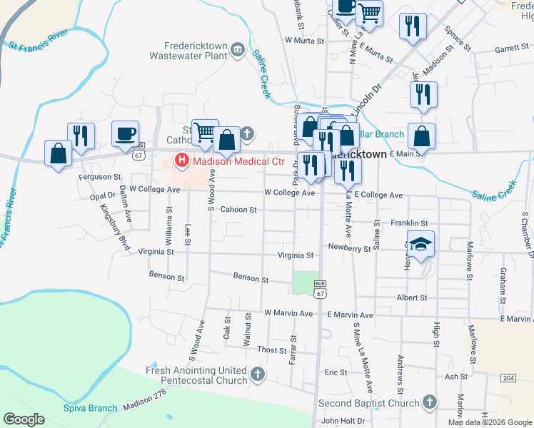 map of restaurants, bars, coffee shops, grocery stores, and more near 301 Cahoon Street in Fredericktown